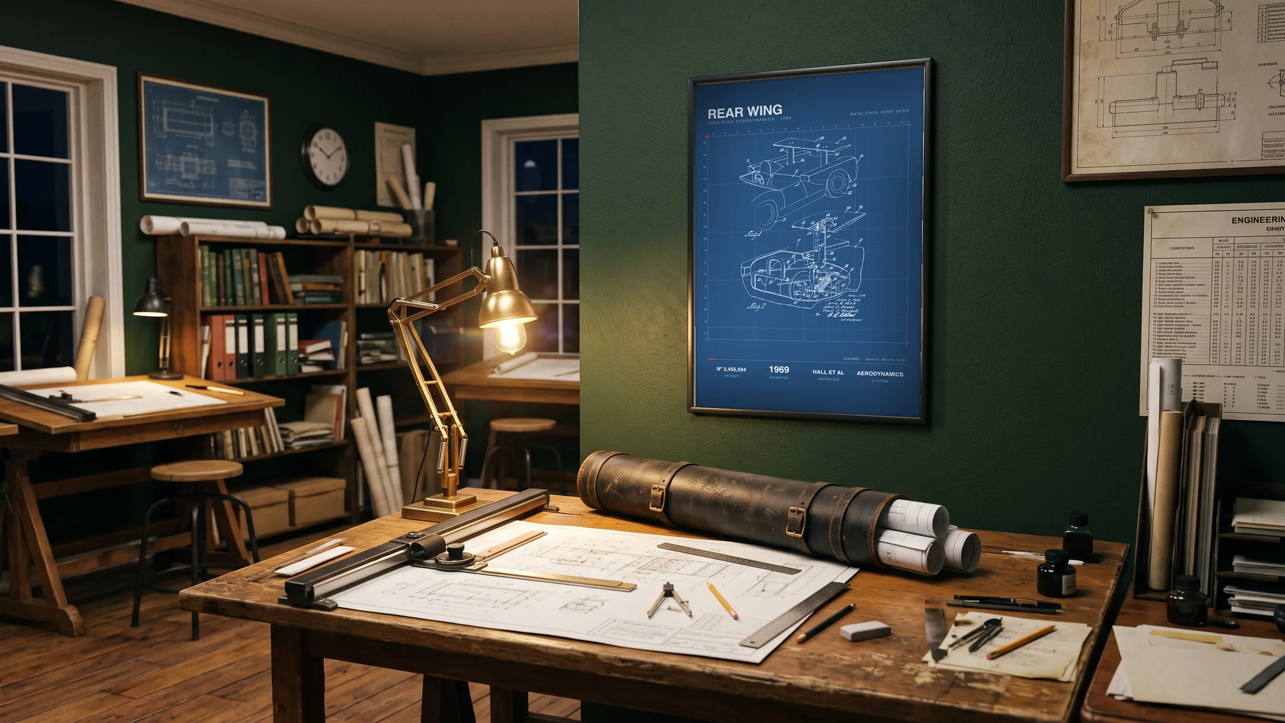 A vintage racing patent print framed on a wall