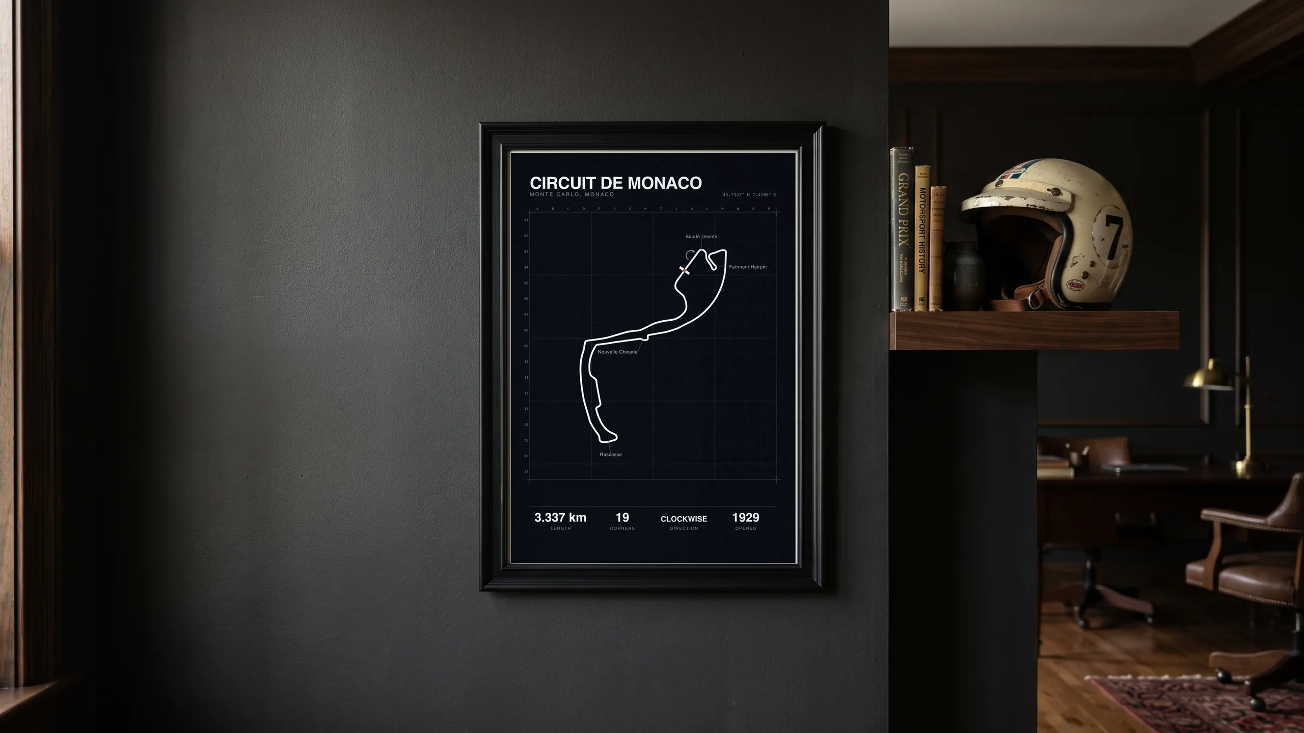 Circuit de Monaco framed in a dark study